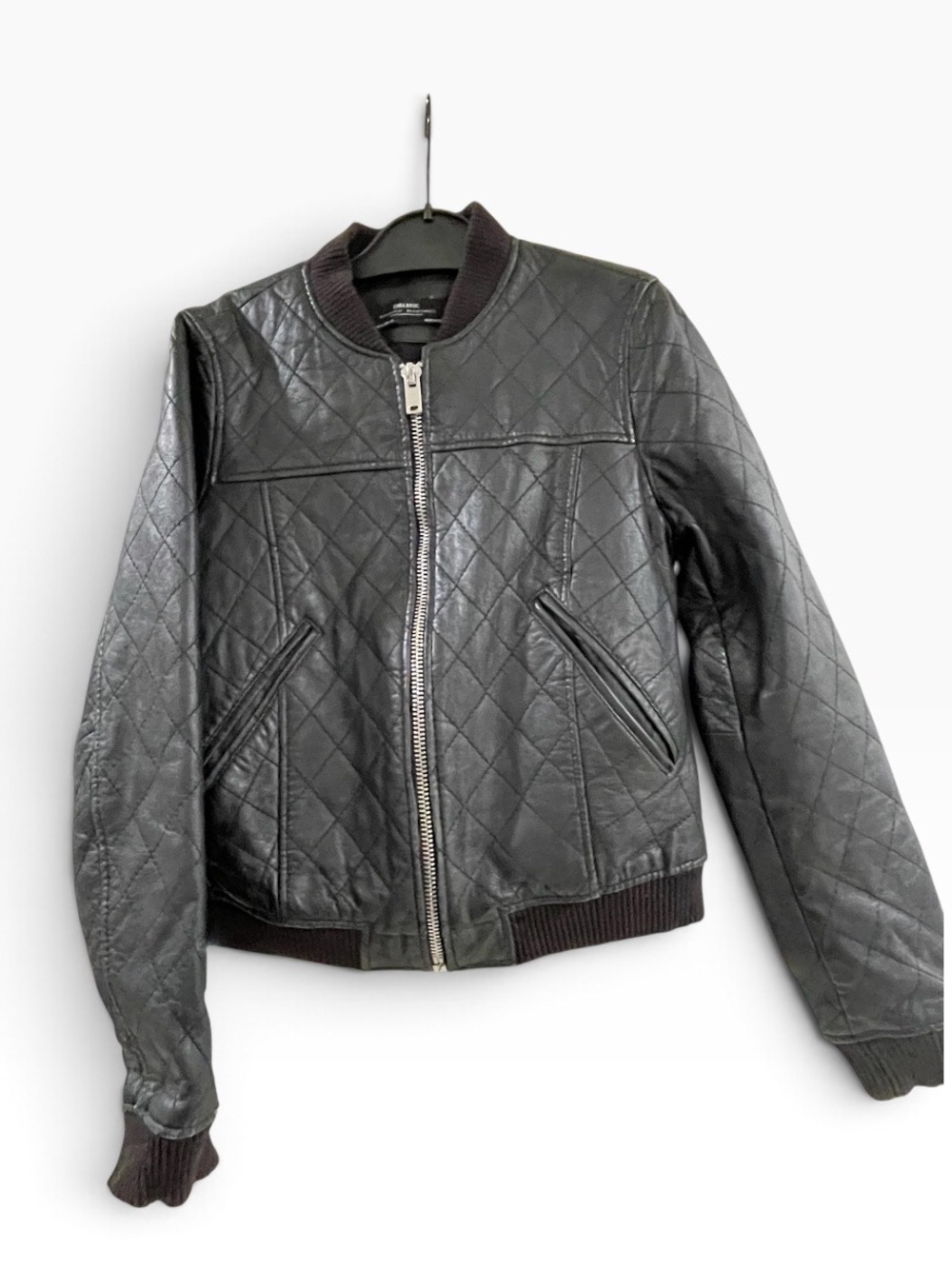 Zara Quilted Black Leather Bomber Jacket